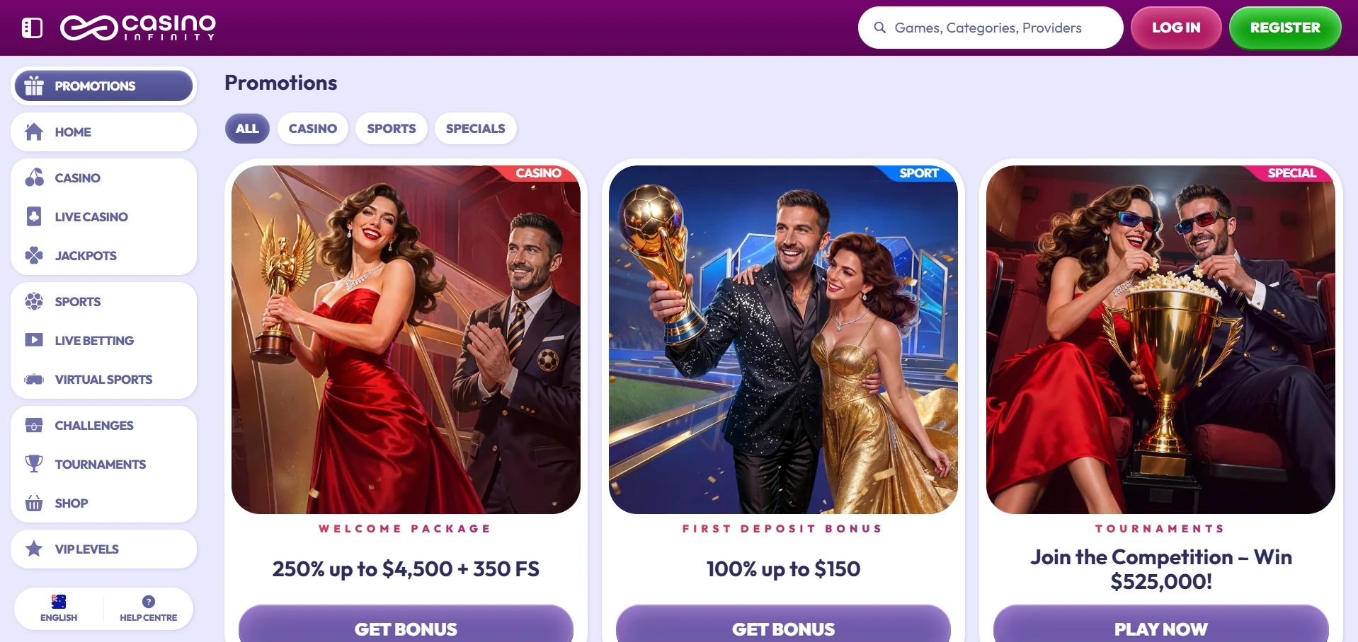 Infinity promotions page with the casino and sports welcome offers