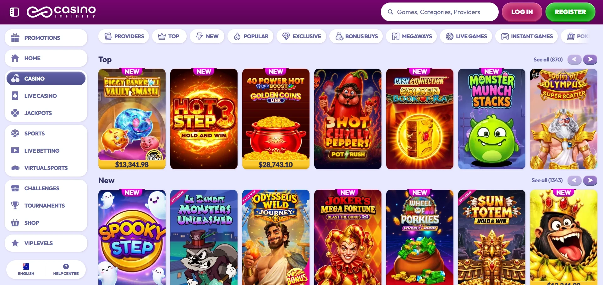 Infinity game lobby with rows of game icons